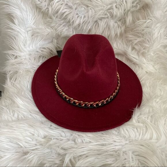 NEW Marcus Adler burgundy felt with gold ribbon chain dented fedora hat main image 4